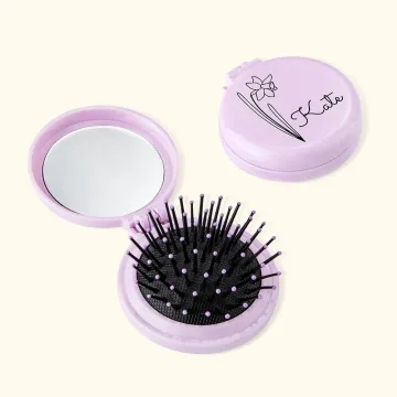 Discover Personalised Set of 2 Round Folding Travel Hair Brushes with Mirror Pocket Hair Brush Mini Hair Comb for Women Easy Keep in Handbag Bag Car Gym