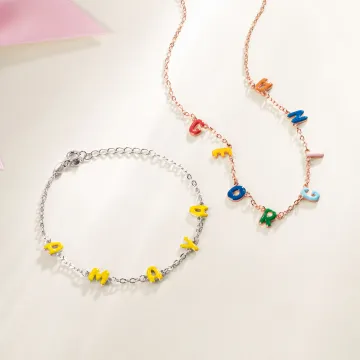Discover Personalised Colourful Enamel Bubble Letter Bracelet Necklace with Name Dainty Jewellery Anniversary Birthday Gift for Women