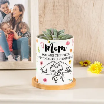 Discover Personalised Watercolour Holding Hands 1-6 Kid Names Ceramic Plant Pot with Bamboo Base Mother's Day Gift for Mom
