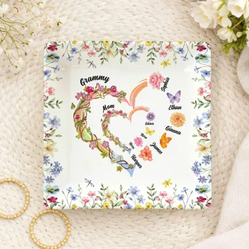Discover Personalised Watercolor Family Heart Birth Flower Ceramic Trinket Jewellery Dish with Names Birthday Mother's Day Gift for Women