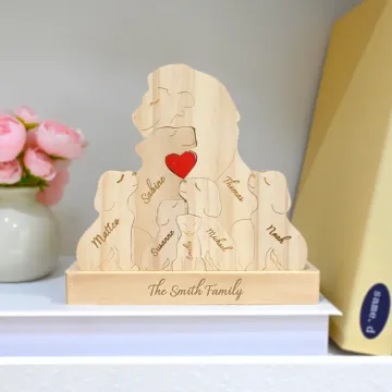 Discover Personalised Warm Hug Lion Family Wooden Puzzle with Red Heart and 2-7 Names Desk Decor Mother's Day Birthday Anniversary Gift for Family
