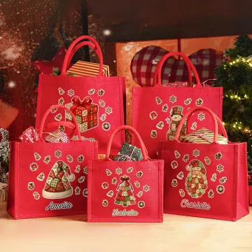 Discover Personalised Christmas Theme Multiple Pattern Large Red Jute Tote Bag with Name Christmas Gift for Children Friends