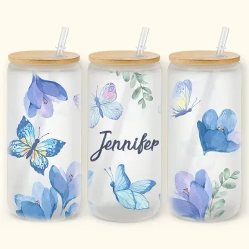 Discover Personalised Butterflies and Flower Can Glass Tumbler with Bamboo Lids 20oz