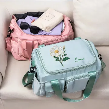 Discover Personalised Pearl Effect Birth Flower Multi-Compartment Travel Bag with Name and Shoulder Strap Travel Essential Birthday Gift for Women Girls