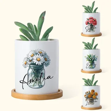 Discover Personalised Birth Flower Ceramic Name Succulent Planter Pot with Drainage and Wooden Base Birthday Home Decor Gift for Family Friend