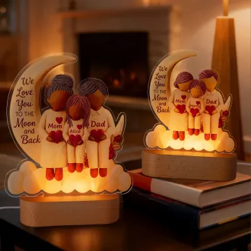 Discover Personalised Cartoon Character Family Moon Heart Acrylic LED Night Light with Name and Wooden Base Room Decor Birthday Gift for Family Mom Dad