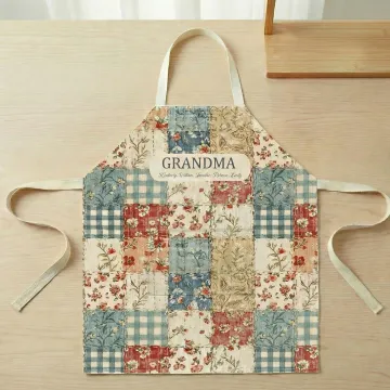 Discover Personalised Floral Patchwork Plaid Adjustable Apron with Name Mother's Day Birthday Gift for Grandma Mom