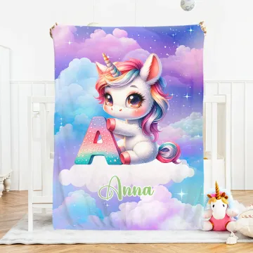 Discover Personalised Gradient Dreamy Fantasy Unicorn Initial Design Soft Throw Blanket with Name Room Decor Christmas Gift for Women Girls