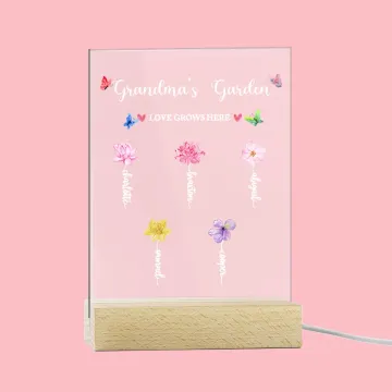 Discover Personalised Colourful Birth Flower LED Night Light with Wood Base and Name Home Decoration Mother's Day Gift for Mother Grandma