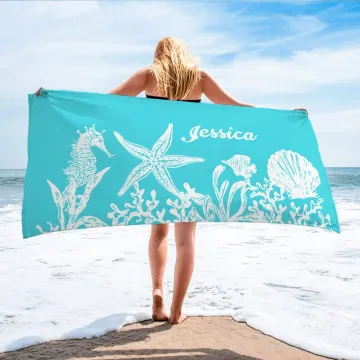 Discover Personalised Multicolour Seahorse Starfish Quick Dry Oversized Beach Towel with Name Summer Travel Essentials Vacation Gift for Family Friend