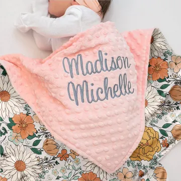 Discover Personalised Boho Flowers Embroidery Name Baby Security Blanket with Dotted Backing Baby Shower Baptism Gift for Newborn