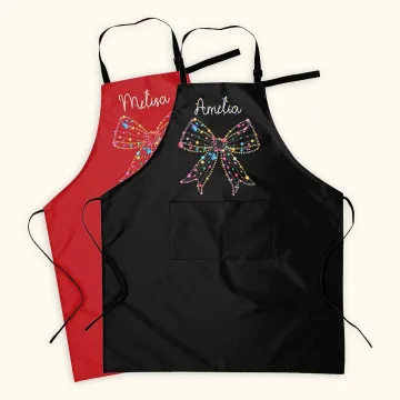 Discover Personalised Colourful Lights Coquette Bow Adjustable Kitchen Apron with Name and Large Pockets Birthday Christmas Cooking Gift for Women