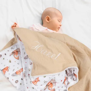Discover Personalised Wild Flower Cute Fox Giraffe Elephant Baby Blanket with Embroidered Name Birthday Baby Shower Gift for Newborns