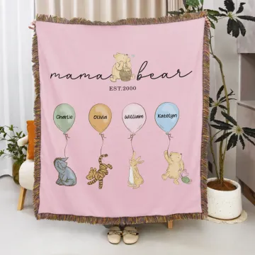Discover Personalized Classic Winnie the Pooh Honey Balloon Soft Throw Blanket with 1-12 Names and Tassel Home Decor Mother's Day Gift for Mom Grandma