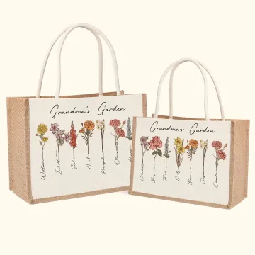 Discover Personalised Large Capacity 1-20 Birth Flowers Garden Jute Tote Bag with Names Birthday Mother's Day Gift for Woman