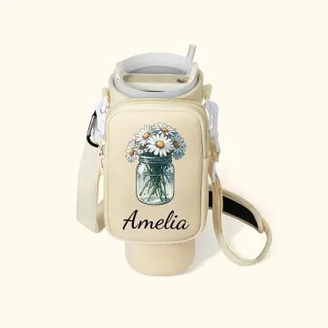 Discover Personalised Vintage Birth Flower Water Bottle Carrier Bag with Strap Tumbler Accessories for 40oz Stanley Birthday Gift for Women