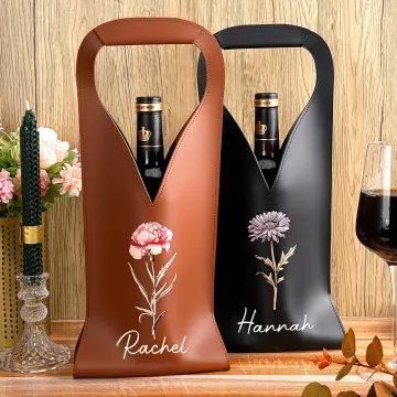 Discover Personalised Birth Flower Leather Wine Bag with Name and Handle Protective Wine Accessories Birthday Dinner Party Gift for Wine Lover