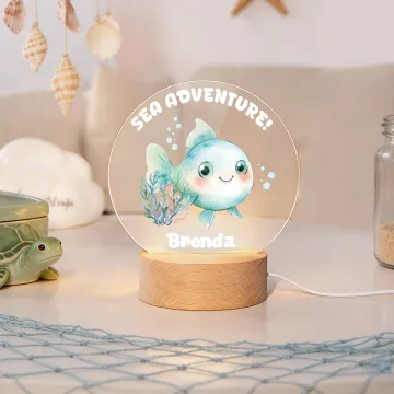 Discover Personalised Cute Sea Animals Cake Acrylic LED Night Light with Name and Wooden Base Nursery Decor Birthday Gift for Kids