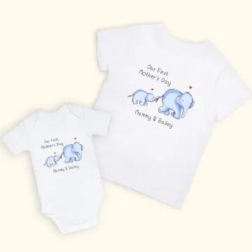 Discover Personalised Our First Mother’s Day Elephant Baby Onesie and Mommy Matching T-Shirt with Names Gift for Baby New Mom