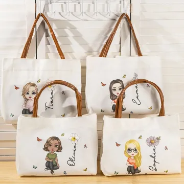 Discover Personalised Cartoon Character Butterfly Birth Flower Zipper Canvas Tote Bag with Name Handle Birthday Christmas Gift for Women Girls