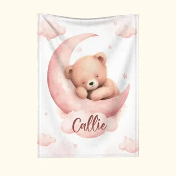 Discover Personalised Dreamy Moon Sleeping Teddy Bear Soft Cozy Blanket with Name Nursery Room Decor Birthday Baby Shower Gift for Newborns Boys Girls