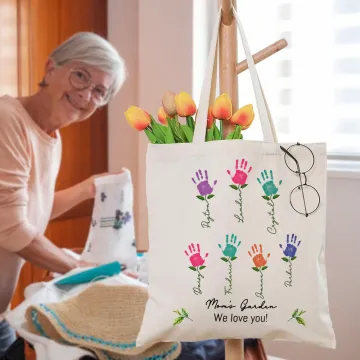 Discover Personalised Colourful Kid Palm Mom's Garden Canvas Tote Bag with 1-12 Kid's Names and Subtitle Mother's Day Birthday Gift for Mom Grandma