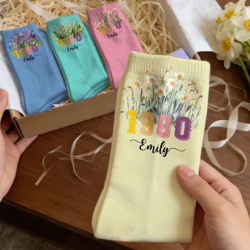 Discover Personalised Multicolor Birth Flower Soft Mid-Calf Socks with Name and Year Birthday Anniversary Gift for Family Friend
