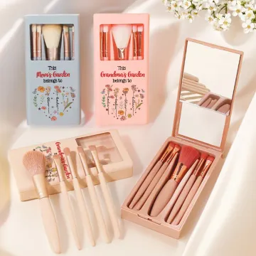 Discover Personalised 1-12 Birth Flowers Names Makeup Brush Box Set with 5 Pcs Brushes and Mirror Travel Accessories Mother's Day Gift for Mom Grandma