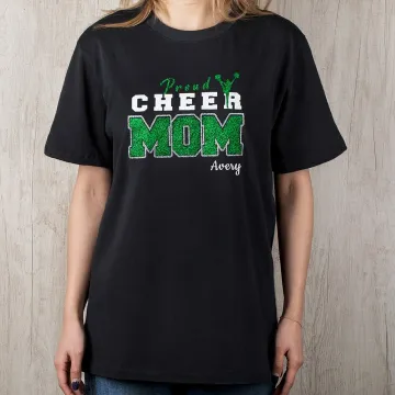 Discover Personalised Glitter Bow Proud Cheer Mom 100% Cotton Short Sleeve T-shirt with Name Breathable Multicolour Available Game Day Gift for Mom