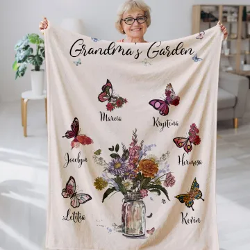 Discover Personalised 1-10 Birth Flower Butterfly Garden Soft Throw Blanket with Nickname and Names Birthday Mother's Day Gift for Mom Grandma Family