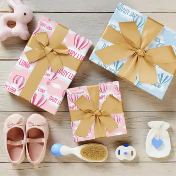 Discover Personalised Hot Air Balloon Clouds Wrapping Paper with Name Set of 3 Gender Reveal Party Baby Shower Birthday Favor Packing for Newborn New Parents