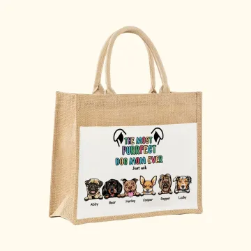 Discover Personalised The Most Purrfect Dog Mom Ever Jute Tote Bag with Front Pocket and 1-6 Dog's Name Birthday Travel Accessory Gift for Dog Lover