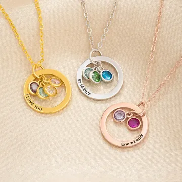 Discover Personalised Dainty Ring Shape Necklace with 1-6 Birthstones and Engraved Text Birthday Mother's Day Gift for Women