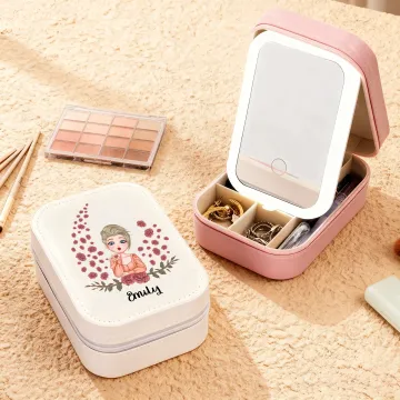 Discover Personalised Cartoon Girl Flying Birth Flower PU Leather Jewellery Box with Name and Adjustable Three-Colour LED Mirror Birthday Christmas Gift for Women