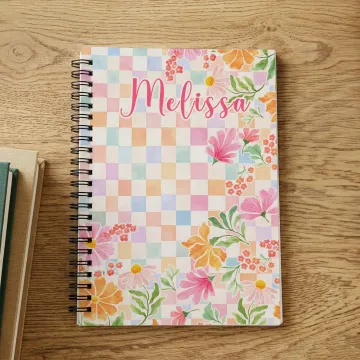 Discover Personalised Colourful Checkerboard Floral A5 Notebook with Name Daily Use Diary Birthday Gift for Women Friends