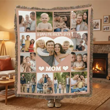 Discover Personalised 13 Photos Collage Heart Soft Tassel Blanket with Name and Title Home Decor Mother's Day Gift for Mom Grandma
