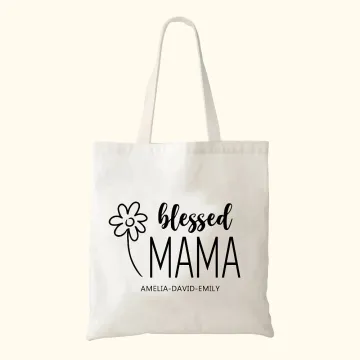Discover Personalised Blessed Mama Canvas Tote Bag with Text and Flower Element Mother's Day Birthday Gift for Mom Grandma