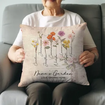 Discover Personalised Family Watercolour Birth Flower Painting Cushion Cover with 1-8 Names Mother's Day Birthday Gift for Grandma Mother