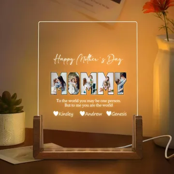 Discover Personalised Happy Mother's Day Photos LED Night Light with Wooden Base 1-10 Names and Text Mother's Day Birthday Gift for Mom Grandma