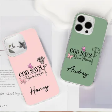 Discover Personalised Birth Flower God Says She Is Phone Case for iPhone With Name and Title Birthday Anniversary Gift for Young Women