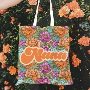 Discover Personalised Colourful Bohemia Retro Flower Design Canvas Tote Bag with Name Mother's Day Birthday Holiday Gift for Mom Grandma