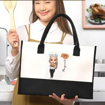 Discover Personalised Cartoon Cooking Mama Birth Flower Grocery Shopping Canvas Tote Bag with Name Mother's Day Birthday Gift for Mom Grandma Cooking Lover