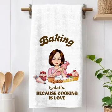 Discover Personalised Baking Because Cooking Is Love Kitchen Character Waffle Tea Towel with Name Daily Use Birthday Gift for Her