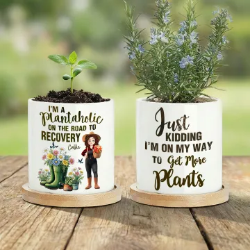 Discover Personalised Birth Flower Cartoon Character Ceramic Plant Pot with Name and Bamboo Base Garden Home Decor Birthday Gift for Gardening Lovers Family