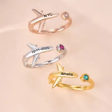 Discover Personalised Birthstone Engraving Text  Airplane Open Ring Birthday Anniversary Gift for Travel Lovers Pilot Mom Flight Attendants