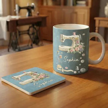Discover Personalised Scissors Button Sewing Machine Pattern 11 oz 15 oz Ceramic Mug with Name Daily Drinking Birthday Gift for Mother Seamstress