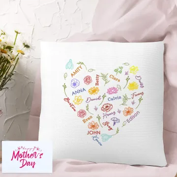 Discover Personalised Word Cloud Birth Flower Heart Soft Throw Pillow Cover with 1-15 Names Mother's Day Birthday Housewarming Gift for Grandma Mom