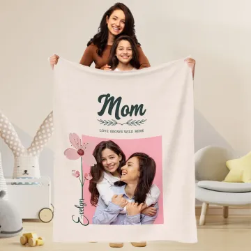 Discover Personalised Birth Flower Love Grows Wild Here Soft Throw Blanket with 1-4 Names and Photos Home Decor Mother's Day Birthday Gift for Mom