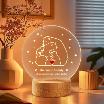 Discover Personalised Heart Bear Family Acrylic LED Night Light with Wooden Base and Text Home Decor Birthday Mother's Day Father's Day Gift for Mom Dad Family