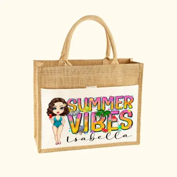 Discover Personalised Cute Girl Summer Vibes Plant Jute Tote Bag with Name Holiday Beach Party Birthday Gift for Women